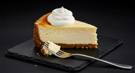 This minimalist food photograph features a creamy cheesecake slice crowned with whipped cream, served on slate. The dramatic black backdrop emphasizes the dessert’s luxurious texture and artisanal pre