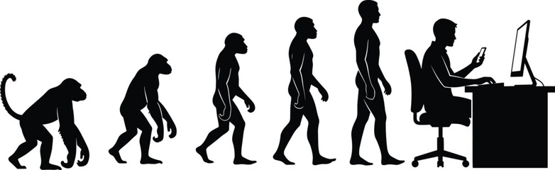 Evolution of humans from primates to modern technology users, walking to seated posture, symbolizing growth, transformation, development, and progress