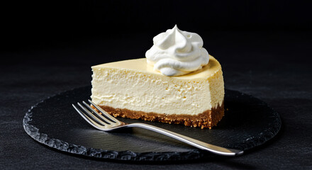 A decadent slice of cheesecake topped with whipped cream rests elegantly on a slate plate. Set against a black background, the rich textures and contrast highlight the dessert’s indulgent, gourmet app