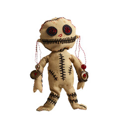 Creepy handmade voodoo doll with stitches and buttons isolated on transparent background