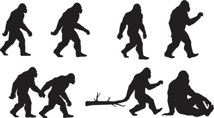 Vector art of silhouettes of bigfoot walking and sitting isolated on white background