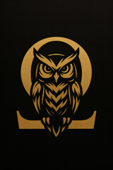 Golden owl illustration: A majestic bird of prey perches within a circular emblem, rendered in an elegant metallic gold on a dark backdrop.