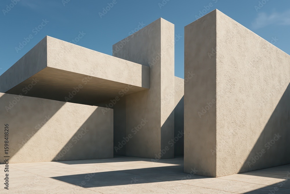 Poster modern architectural concrete abstract structure, exhibiting geometric forms and interplay of light 
