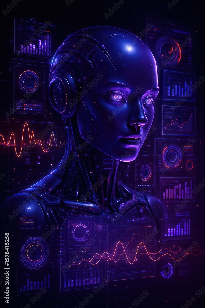 Poster a mesmerizing robotic figure with glowing features stands amidst data displays, a glimpse into the d