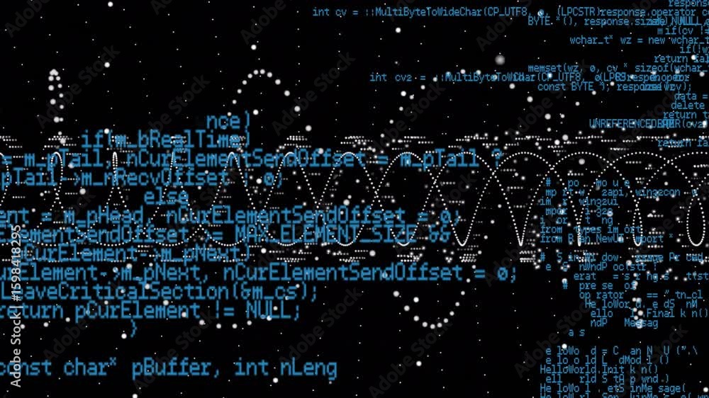 Poster launching oscillating dotted waveform on black field, overlaying cyan code depicting data flow