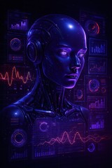 A mesmerizing robotic figure with glowing features stands amidst data displays, a glimpse into the digital frontier of future technologies. blue wallpaper background