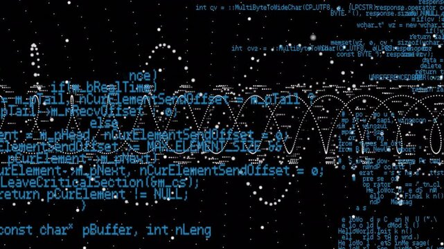 Launching oscillating dotted waveform on black field, overlaying cyan code depicting data flow