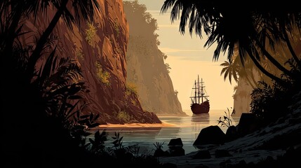 Naklejka premium Tropical cove, ship, cliffs, lush