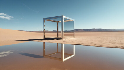surreal mirrored structure in vast sandy desert