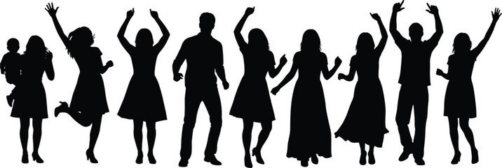 Silhouette group dancing, festive mood, joyful party celebration, unity in movement, expressive energy, vibrant crowd, fun moment, cheerful gathering, happiness scene