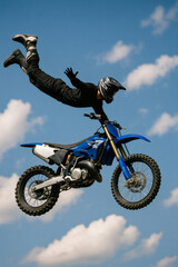 Gravity-defying stunt: Rider soars high above on their blue dirt bike, a daring display against the vast sky, clouds beneath the action.