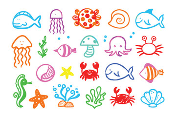 Whimsical Sea Creatures: A colorful, crayon-style illustration showcases a collection of delightful sea creatures, perfect for children's designs, educational materials, and playful projects.