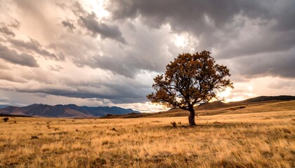 Obraz premium Lone tree in golden field, stormy sky