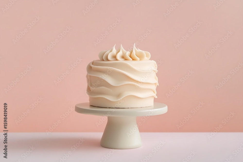 Poster a white mini cake with one light frosting curl and pastel base, displayed on a minimal background