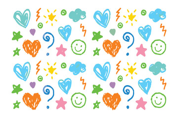 Cheerful Doodle Delight: A vibrant, hand-drawn pattern of hearts, stars, smiles, and whimsical shapes bursts with youthful energy, a captivating expression of creativity and optimism.