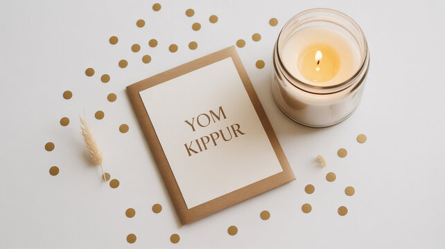 A yom kippur card with a lit candle and gold confetti symbolizing the day of atonement