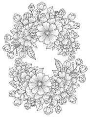 Intricate floral wreath made of detailed blooming flowers and leaves – elegant black and white line art