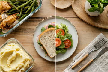 Healthy meal split image showing balanced nutrition