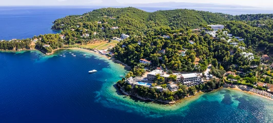 Gordijnen Greece travel. Best beautiful beaches of Skiathos island (Sporades) -Kanapitsa and Tzaneria beaches popular tourist destination and resorts. High angle drone aerial view © Freesurf