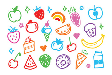 Colorful Food Doodle Collection: A cheerful assortment of hand-drawn doodles, showcasing various fruits, desserts, and treats, rendered in vibrant colors.