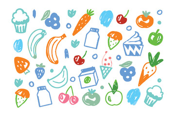 Obraz premium Hand-Drawn Culinary Collage: A whimsical, childlike array of hand-drawn culinary delights, from succulent fruits to creamy desserts, all playfully arranged, sparking joy and appetite.