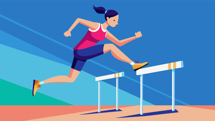 A hurdler flawlessly leaping over the virtual hurdles in the VR 110 meter hurdle race.. Vector illustration