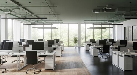Modern open plan office with natural light and abundant workstations