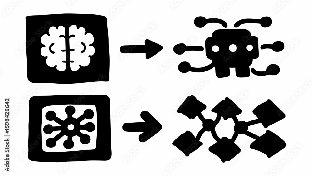 Poster brain and network transformation depicted with arrows in a conceptual illustration style image desig