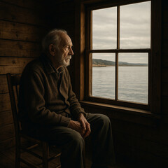 old man sitting by the window in a wooden house on the shore of the estuary