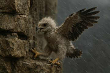The wind whips a baby eagle that has fallen out of its nest in a ledge. The baby eagle's leg is caught between the stone teeth. It grabs the air with its free paw, but the gusts of wind hit it against