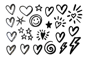 Expressive Doodle Set: A collection of hand-drawn doodle elements including hearts, stars, smiley face, and lightning bolt.
