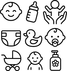 Obraz premium Baby Care Vector Icons Pack Editable Black Line Style on White Background