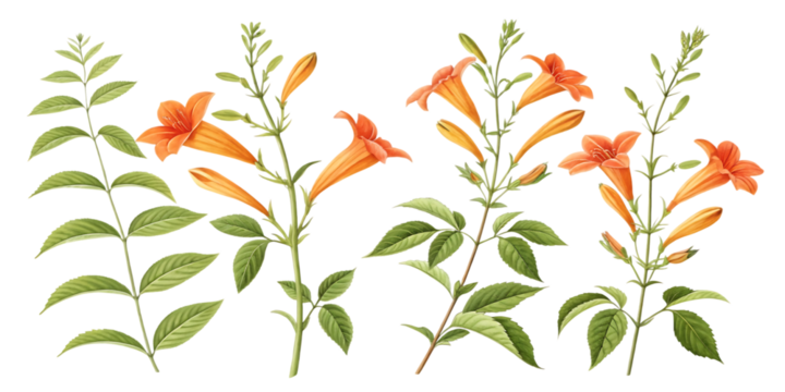 Four orange trumpet vine flowers with green leaves isolated on transparent background
