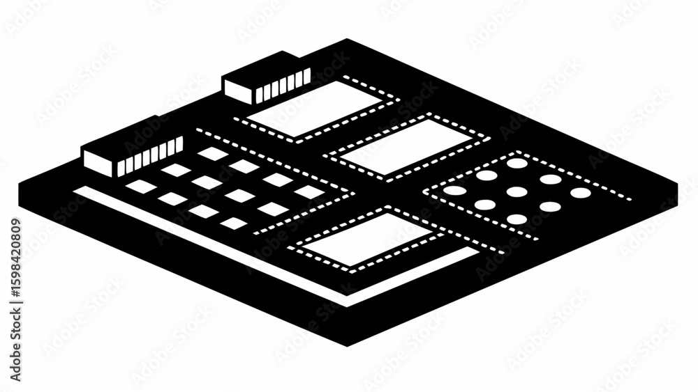Poster Isometric view of a black platform with white rectangular and circular patterns and block structures