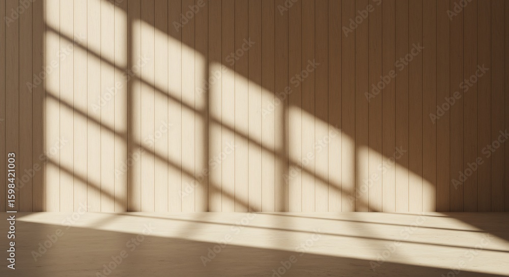 Poster wide shot of a modern empty room featuring a vertical wood plank wall and textured concrete floor. s