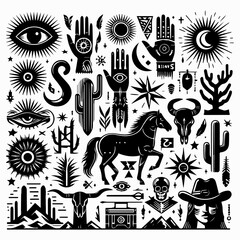 Vintage western and mystical themed icons for design projects