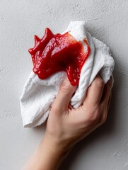 Hand using a white cloth to wipe ketchup off a textured gray surface, highlighting hygiene and household cleaning.
