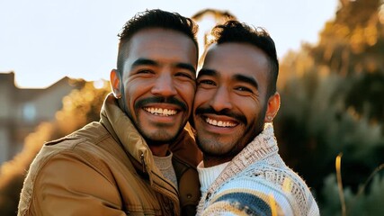 Two smiling men embracing outdoors during golden hour, showcasing warmth and friendship in a natural setting, surrounded by soft sunlight and greenery - Powered by Adobe