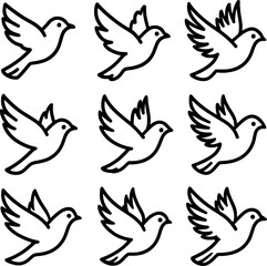Flying Bird Outline Icon Set Black Line on White Background