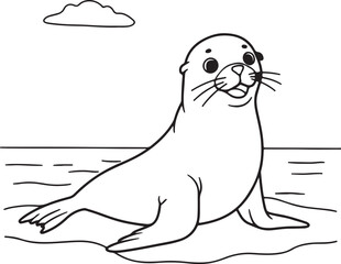 Obraz premium Minimalist black and white line drawing of a happy sea lion sitting on the beach,