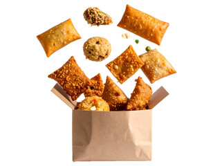 Floating Indonesian fried snack (gorengan) assortment in brown paper wrapping, PNG