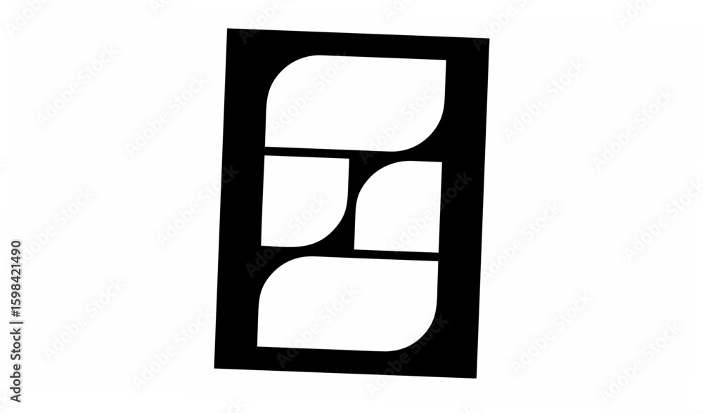 Poster black rectangular frame containing three white curved shapes and one square shape inside it
