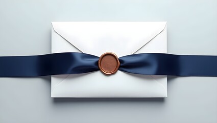 Elegant White Envelope with Navy Blue Satin Ribbon and Wax Seal on Grey Background, Perfect for Invitations, Certificates, and Formal Announcements
