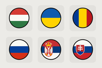 Obraz premium Collection of European national flags displayed as circular icons including Hungary Ukraine Romania Russia Serbia and Slovakia symbolizing international relations travel and global representation