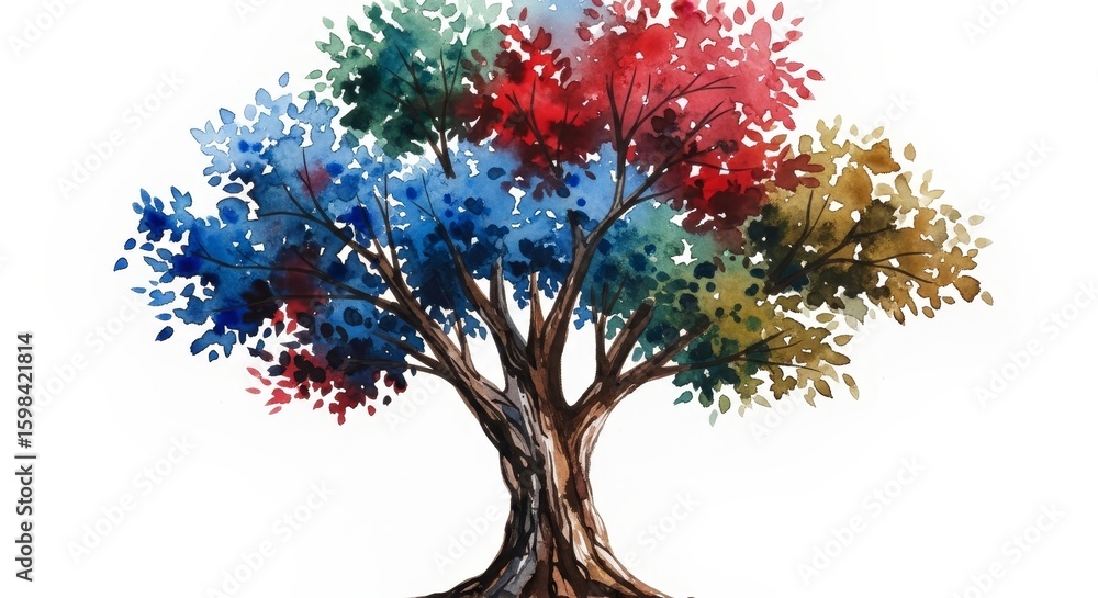 Poster a vibrant artistic representation of a tree combining various colors - this illustration features a 