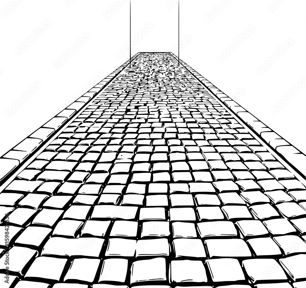 Poster cobblestone path perspective: a stark black and white line art illustration showcases a receding cob