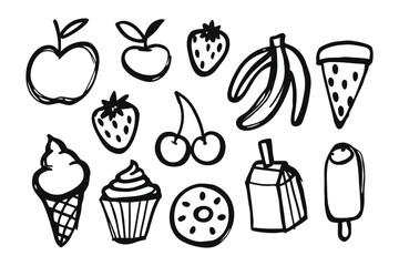 Delicious Delights: A simple line drawing showcasing a delightful assortment of fruity favorites and sweet treats, perfect for adding a touch of whimsy.