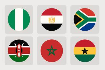 Naklejka premium Collection of circular national flags from various African countries including Nigeria, Egypt, South Africa, Kenya, Morocco, and Ghana, presented in a clean grid layout for diverse design applications