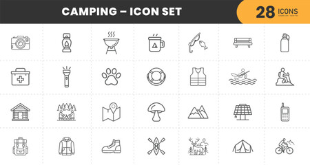  Camping Icon Set – 28 Outdoor Line Icons for Hiking, Fishing, Campfire, Tent, Survival, Map, Backpack, Wildlife, Cooking, First Aid, Nature Adventure, and Recreation – Vector Illustrations for travel