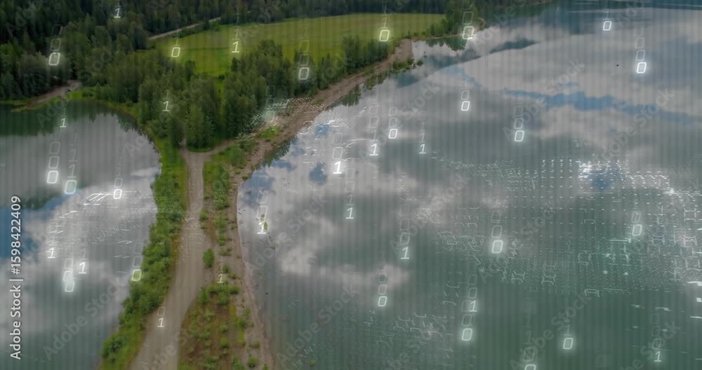 Poster panorama holding before binary digits drifting down over forest and lake, forming digital scan grid